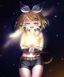 Rule 34 | 1girl, absurdres, ascot, bare shoulders, belt, blue eyes, bow, crop top, detached sleeves, floating hair, hair bow, hair ornament, hairclip, half-closed eyes, headphones, headset, highres, huge filesize, inu8neko, kagamine rin, light, looking down, midriff, navel, nebula, night, night sky, open mouth, own hands together, sailor collar, short hair, shorts, sky, smile, solo, star (sky), starry sky, swept bangs, treble clef, vocaloid, yellow ascot