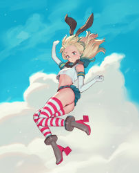Rule 34 | 1girl, arm up, ass, black panties, blonde hair, blue eyes, blue sky, boots, breasts, cloud, cloudy sky, crop top, crop top overhang, day, elbow gloves, female focus, full body, gloves, hair ribbon, high heel boots, high heels, highres, kantai collection, long hair, microskirt, midair, midriff, panties, pleated skirt, ribbon, sailor collar, sailor shirt, shimakaze (kancolle), shirt, skirt, sky, small breasts, solo, striped clothes, striped thighhighs, thighhighs, timbougami, underboob, underwear, white gloves