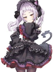 Rule 34 | 1girl, animal ears, athenawyrm, bare shoulders, black dress, black headwear, black pantyhose, blunt bangs, blush, bow, breasts, cat ears, closed mouth, commentary request, cowboy shot, dress, frilled dress, frilled hairband, frilled sleeves, frills, gothic lolita, hair intakes, hair ornament, hairband, hand on own hip, hand up, hat, hololive, lolita fashion, lolita hairband, long hair, long sleeves, looking at viewer, murasaki shion, murasaki shion (gothic lolita), official alternate costume, pantyhose, purple dress, red dress, red eyes, silver hair, simple background, sleeves past fingers, sleeves past wrists, smile, solo, tail, tail bow, tail ornament, twintails, virtual youtuber, white background