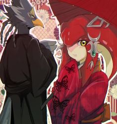 Rule 34 | 1boy, 1girl, bird, chromatic aberration, colored skin, fins, fish girl, furry, hair ornament, japanese clothes, jewelry, kimono, long hair, looking at viewer, mipha, monster girl, multicolored skin, nintendo, no eyebrows, obi, pointy ears, red hair, red skin, rem (eyes 410), revali, rito, sash, seigaiha, smile, the legend of zelda, the legend of zelda: breath of the wild, yellow eyes, zora