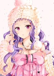 Rule 34 | 1girl, :o, bare shoulders, beige background, bow, breasts, cleavage, collarbone, hair ornament, hairclip, hat, highres, jewelry, long hair, looking at viewer, medium breasts, necklace, original, parted lips, purple eyes, purple hair, simple background, solo, upper body, wavy hair, yoshida iyo
