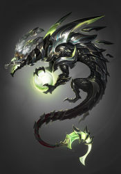 Rule 34 | armor, ball, braid, dragon, from side, gradient background, grey background, grey hair, highres, league of legends, long hair, no humans, open mouth, steel dragon thresh, thresh (league of legends), vegacolors, white eyes