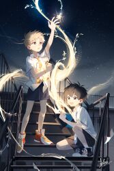 Rule 34 | 2boys, black eyes, black hair, black shorts, blonde hair, book, child, commentary request, highres, koe (mixpi), magic, male focus, multiple boys, necktie, night, night sky, open book, open mouth, original, outdoors, school uniform, shirt, shoes, short hair, shorts, sky, smile, sneakers, stairs, star (sky), starry sky, very short hair, white shirt, yellow eyes