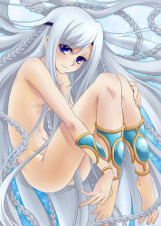 Rule 34 | 1girl, absurdly long hair, armor, barefoot, blue eyes, braid, duel monster, feet, full body, highres, long hair, maiden with eyes of blue, nude, smile, solo, spread toes, toes, tsubaki2718, very long hair, white hair, yu-gi-oh!