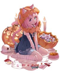 Rule 34 | 1girl, :o, absurdres, animal ear fluff, animal ears, bandaged arm, bandaged leg, bandages, blue dress, bob cut, bowl, candle, candy, cat ears, cat girl, cat tail, colored tips, dress, food, from side, green eyes, halloween, heterochromia, highres, himemori luna, himemori luna (sundress), hololive, jack-o&#039;-lantern, jack-o&#039;-lantern head, lifted by tail, looking at viewer, medium hair, multicolored hair, mummy costume, no shoes, official alternate hair length, official alternate hairstyle, pet bowl, pink hair, pinkusan, pleated dress, print dress, purple eyes, short dress, sideways glance, sitting, sleeveless, sleeveless dress, solo, star (symbol), star in eye, symbol in eye, tail, tail raised, virtual youtuber, wariza