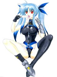 Rule 34 | 1girl, aged up, armor, bare shoulders, belt, belt bra, black thighhighs, blue hair, blush, bodysuit, breasts, buckle, cameltoe, collar, covered erect nipples, eating, food, full body, gauntlets, gloves, gradient hair, greaves, hair ribbon, halterneck, highres, holding, impossible clothes, impossible leotard, kirishima goro (55541), knees up, large breasts, leotard, long hair, looking at viewer, loose thighhigh, lyrical nanoha, mahou shoujo lyrical nanoha, mahou shoujo lyrical nanoha a&#039;s, mahou shoujo lyrical nanoha a&#039;s portable: the battle of aces, levi the slasher, messy, miniskirt, multicolored hair, narrow waist, parted bangs, pleated skirt, popsicle, red eyes, ribbon, sexually suggestive, shoes, showgirl skirt, sidelocks, simple background, single shoe, sitting, skin tight, skirt, solo, suggestive fluid, thighhighs, tongue, traditional media, turtleneck, twintails, two-tone hair, white background