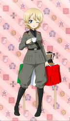 Rule 34 | blonde hair, blue eyes, boots, coffee maker, cup, darjeeling (girls und panzer), emblem, girls und panzer, girls und panzer senshadou daisakusen!, highres, holding, holding cup, italian flag, logo, military uniform, official art, one eye closed, table, tablecloth, uniform