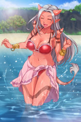 Rule 34 | 1girl, armlet, bad id, bad pixiv id, beach, bikini, bracelet, breasts, cameltoe, cleavage, cloud, day, dragon quest, dragon quest x, highres, horns, jewelry, large breasts, legs, lens flare, monster girl, navel, nemunoya, ocean, ogre (dq10), open mouth, outdoors, sarong, sky, smile, solo, sunlight, swimsuit, tail, tattoo, thigh gap, thighs, water