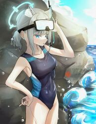 Rule 34 | 1girl, absurdres, animal ear fluff, animal ears, black one-piece swimsuit, blue archive, blue eyes, blue sky, breasts, cloud, competition swimsuit, covered navel, cross hair ornament, day, diving mask, diving mask on head, extra ears, goggles, goggles on head, grey hair, hair ornament, halo, highres, low ponytail, medium breasts, medium hair, mismatched pupils, multicolored clothes, multicolored swimsuit, ocean, official alternate costume, one-piece swimsuit, outdoors, shiroko (blue archive), shiroko (swimsuit) (blue archive), sky, snorkel, solo, standing, swimsuit, topgu, water, waves, wolf ears