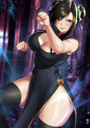 Rule 34 | 1girl, alternate hairstyle, animal print, black hair, brown eyes, china dress, chinese clothes, cleavage cutout, clothing cutout, double bun, dress, fighting stance, final fantasy, final fantasy vii, final fantasy vii remake, hair bun, highres, leopard print, lulu-chan92, official alternate costume, smile, solo, square enix, thighhighs, tifa lockhart, wall market