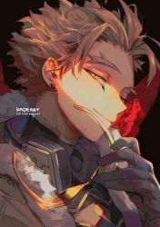 Rule 34 | 1boy, ;), bishounen, black background, blonde hair, boku no hero academia, closed mouth, costume, earrings, unworn eyewear, facial hair, facial mark, feathered wings, feathers, fur-trimmed jacket, fur trim, gloves, goatee, half-closed eyes, hand up, hawks (boku no hero academia), head tilt, headphones, headphones around neck, high collar, holding, holding removed eyewear, jacket, jewelry, kadeart, light beam, looking at viewer, male focus, one eye closed, portrait, red feathers, red wings, rimless eyewear, seductive smile, shirt, short hair, simple background, skin tight, smile, solo, stubble, stud earrings, tight clothes, tight shirt, tinted eyewear, twitter username, wings, yellow eyes