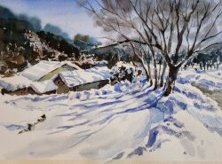 Rule 34 | akemisuisai, bare tree, blue sky, building, day, forest, highres, hill, house, nature, no humans, original, painting (medium), scenery, shadow, sky, snow, sunlight, traditional media, tree, tree shade, watercolor (medium)