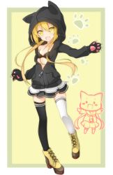 Rule 34 | 10s, 1girl, :d, alternate costume, animal ears, animal hands, animal hood, asymmetrical legwear, bikini, black bikini, black jacket, black skirt, black thighhighs, blonde hair, boots, breasts, brown footwear, cat, cat ears, cat hood, cleavage, cross-laced footwear, gloves, highres, hood, hooded jacket, jacket, kantai collection, lace-up boots, layered skirt, low twintails, mismatched legwear, multicolored clothes, multicolored skirt, open mouth, paw gloves, paw print, rateratte, satsuki (kancolle), skirt, smile, solo, swimsuit, thighhighs, twintails, white skirt, white thighhighs, yellow eyes