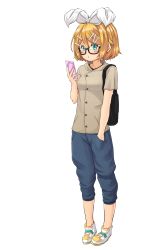 Rule 34 | 1girl, absurdres, bag, bare arms, bespectacled, black-framed eyewear, blonde hair, blue eyes, blush, bow, breasts, capri pants, casual, cellphone, cross-laced footwear, eyebrows, full body, glasses, hair between eyes, hair bow, hair ornament, hairclip, hand in pocket, highres, holding, holding phone, kagamine rin, kitsunerider, looking at phone, pants, phone, pigeon-toed, pocket, pout, shoes, short hair, short sleeves, small breasts, solo, standing, swept bangs, transparent background, vocaloid, white bow, white footwear