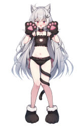 1girl ahoge alternate_costume animal_ear_fluff animal_ears animal_hands bell bikini black_bikini blush cat_cutout cat_ears cat_paws cat_tail choker clothing_cutout commentary_request crown_hair_ornament fang flat_chest frilled_bikini frilled_choker frills full_body gloves grey_hair groin hair_between_eyes hands_up highres jingle_bell long_hair looking_at_viewer navel neck_bell neck_ribbon open_mouth paw_gloves paw_shoes pink_ribbon red_eyes ribbon ryogoku_tsukasa side-tie_bikini_bottom sidelocks simple_background skin_fang smile solo specialite_(company) standing stomach swimsuit tail tail_around_own_leg topia very_long_hair virtual_youtuber white_background