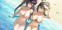 Rule 34 | 2girls, absurdres, arerex, beach, breasts, cat mask, duel monster, hand up, highres, i:p masquerena, large breasts, mask, multiple girls, no pussy, nude, ocean, one eye closed, outdoors, partially submerged, s-force rappa chiyomaru, water, yu-gi-oh!