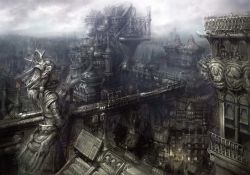 Rule 34 | armor, cityscape, cloud, fantasy, keun ju kim, no humans, original, scenery, steampunk, train