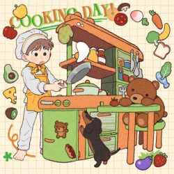 Rule 34 | 1boy, apron, barefoot, brown hair, chef hat, cooking, dachshund, dog, english text, food, fruit, frying pan, full body, grid, grid background, hat, highres, holding, holding frying pan, mannerer62, open mouth, original, pants, shirt, short hair, standing, stuffed animal, stuffed toy, teddy bear, v-shaped eyebrows, vegetable, white pants, white shirt, yellow apron