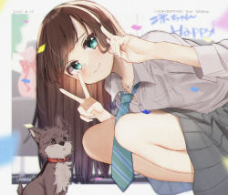 Rule 34 | 1girl, bare legs, black hair, blurry, blush, commentary request, dated, depth of field, dog, double v, green eyes, hanako (idolmaster), happy birthday, highres, idolmaster, idolmaster cinderella girls, jewelry, leaning forward, looking at viewer, necklace, necktie, open collar, outside border, pleated skirt, school uniform, shibuya rin, skirt, smile, squatting, straight hair, suzugaeru, v