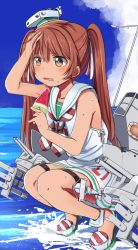 Rule 34 | 10s, 1girl, arm up, bare arms, bare shoulders, blue sky, blush, cannon, collarbone, dark-skinned female, dark skin, day, dress, fang, food, hand on forehead, hat, holding, holding food, hot, kantai collection, knees together feet apart, libeccio (kancolle), long hair, looking afar, looking away, machinery, neckerchief, no socks, ocean, on liquid, open mouth, outdoors, plant, popsicle, sailor dress, shoes, sky, sleeveless, sleeveless dress, solo, splashing, squatting, striped neckerchief, striped neckwear, tareme, thigh strap, tonari (ichinichime azuma), turret, twintails, very long hair, water, white dress, white hat