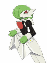 Rule 34 | 1girl, averting eyes, bags under eyes, black shirt, bob cut, closed mouth, clothed pokemon, clothes lift, colored skin, creatures (company), female focus, flat chest, game freak, gardevoir, gen 3 pokemon, green hair, green skin, hair over one eye, hands up, juliet sleeves, legs together, lifting own clothes, long sleeves, maid, multicolored skin, nintendo, one eye covered, pokemon, pokemon (creature), puffy sleeves, red eyes, shirt, short hair, simple background, skirt, skirt lift, solo, songaksi, standing, two-tone skin, white background, white skin, white skirt
