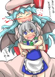 Rule 34 | 2girls, bat wings, blood, blue eyes, blue hair, blush, bow, fang, gaoo (frpjx283), hat, hat bow, highres, hug, hug from behind, izayoi sakuya, maid headdress, multiple girls, nosebleed, remilia scarlet, role reversal, silver hair, touhou, translation request, wings, aged down