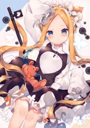 Rule 34 | 1girl, abigail williams (fate), abigail williams (festival outfit) (fate), ana (rznuscrf), animal ears, black skirt, blonde hair, blue eyes, blush, bow, breasts, cat ears, cat tail, closed mouth, dress, fate/grand order, fate (series), forehead, highres, keyhole, long hair, long sleeves, looking at viewer, maid headdress, official alternate costume, orange bow, parted bangs, skirt, sleeves past fingers, sleeves past wrists, small breasts, smile, solo, staff, stuffed animal, stuffed toy, tail, teddy bear, very long hair, white dress
