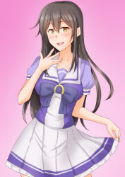 Rule 34 | 1girl, akagi (kancolle), anti (untea9), brown eyes, brown hair, commentary request, cosplay, gradient background, highres, kantai collection, long hair, looking at viewer, pink background, pleated skirt, purple shirt, sailor collar, school uniform, serafuku, shirt, short sleeves, skirt, solo, straight hair, tracen school uniform, umamusume, white sailor collar, white skirt