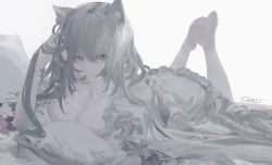 Rule 34 | 1girl, absurdres, animal ear fluff, animal ears, bad id, bad pixiv id, breasts, cat ears, ceey, closed mouth, dress, feet, feet up, frilled dress, frills, full body, hair between eyes, hand in own hair, highres, large breasts, long hair, looking at viewer, lying, no shoes, on stomach, original, pantyhose, pillow, puffy short sleeves, puffy sleeves, purple eyes, short sleeves, signature, solo, the pose, white pantyhose