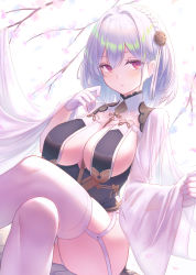Rule 34 | 1girl, azur lane, blush, braid, breast curtains, breasts, china dress, chinese clothes, crossed legs, dress, garter straps, gloves, gohei (aoi yuugure), hair between eyes, hair ornament, highres, large breasts, looking at viewer, parted lips, pelvic curtain, red eyes, revealing clothes, short hair, sirius (azur lane), sirius (azure horizons) (azur lane), sitting, solo, thighhighs, thighs, white gloves, white hair, white thighhighs