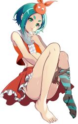 Rule 34 | 1girl, aqua hair, ass, bare shoulders, blush, bob cut, breasts, closed mouth, commentary, cropped shirt, finger to mouth, frilled skirt, frills, from side, full body, googly eyes, hat, highres, hikimayu, knees up, light blush, looking at viewer, looking to the side, mashimaro tabetai, midriff, official alternate hair length, official alternate hairstyle, on ground, orange hat, orange shirt, panties, panty peek, pink nails, red skirt, shirt, short eyebrows, short hair, simple background, single bare foot, single loose sock, single sock, sitting, skirt, sleeveless, sleeveless shirt, small breasts, socks, solo, thick eyebrows, toes, two-tone shirt, underwear, undressing, white background, white panties, white shirt