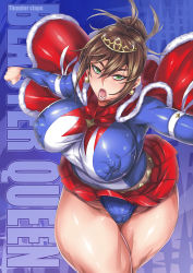 Rule 34 | 1girl, breasts, brown hair, cameltoe, cape, character request, cleft of venus, covered erect nipples, curvy, gradient background, green eyes, highres, large breasts, looking at viewer, momofuki rio, open mouth, skin tight, solo, striped, striped background, thick thighs, thighs, wide hips