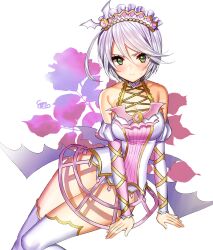 Rule 34 | 1girl, arm support, bad id, bad twitter id, bare shoulders, breasts, cleavage, closed mouth, demon wings, detached sleeves, embarrassed, gambe, gold trim, green eyes, grey hair, hair between eyes, looking at viewer, low wings, medium breasts, no pants, pretty series, pripara, shikyoin hibiki, shirt, short hair, signature, sitting, solo, sweatdrop, white background, white shirt, wings