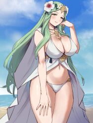 Rule 34 | 1girl, beach, bikini, blue sky, breasts, cleavage, cloak, closed mouth, cloud, cowboy shot, curvy, day, fire emblem, fire emblem: three houses, fire emblem heroes, flower, gold necklace, green eyes, green hair, hair flower, hair ornament, hand up, head wreath, highres, jewelry, large breasts, long hair, looking at viewer, navel, necklace, nintendo, ocean, official alternate costume, outdoors, rhea (fire emblem), rhea (summer) (fire emblem), sky, smile, solo, stomach, swimsuit, very long hair, white bikini, white cloak, yamamori kinako
