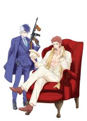 Rule 34 | 2boys, abs, alternate costume, alternate weapon, bad id, bad twitter id, bara, beard, blue eyes, blush, brown hair, cigar, couch, crossed legs, facial hair, fate/grand order, fate (series), formal, full body, glasses, goatee, gun, hand in pocket, hat, unworn hat, unworn headwear, highres, long sideburns, long sleeves, looking at viewer, male focus, manly, multicolored hair, multiple boys, muscular, n (nemo), napoleon bonaparte (fate), official alternate costume, open clothes, open shirt, pectoral cleavage, pectorals, rifle, scar, shoes, sideburns, sigurd (fate), smile, spiked hair, suit, two-tone hair, unbuttoned, weapon, white background