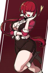 Rule 34 | 1girl, breasts, cleavage, cleavage cutout, clothing cutout, earrings, hair over eyes, highres, jewelry, large breasts, lips, long hair, makeup, masgamjya, miniskirt, ponytail, red hair, shermie (kof), skirt, smile, solo, split ponytail, the king of fighters, the king of fighters xv
