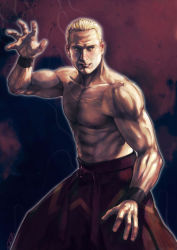 Rule 34 | 1boy, abs, blonde hair, fatal fury, fighting stance, geese howard, hakama, hakama skirt, image sample, japanese clothes, male focus, muscular, nose, realistic, red hakama, santi casas, scar, topless male, skirt, snk, solo, the king of fighters, wristband