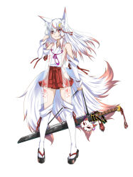 Rule 34 | 1girl, animal ears, breasts, detached sleeves, fox ears, fox girl, fox tail, full body, fumihiro, hakama, hakama skirt, hip vent, japanese clothes, long hair, looking at viewer, miko, multicolored hair, multiple tails, original, red eyes, red hakama, ribbon-trimmed sleeves, ribbon trim, skirt, small breasts, solo, tail, thighhighs, two-tone hair, underwear, white background, white hair, white thighhighs