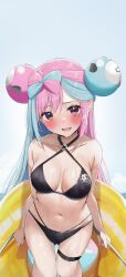 Rule 34 | 1girl, alternate costume, bikini, bikini top only, black bikini, blue hair, bow-shaped hair, breasts, character hair ornament, creatures (company), game freak, hair ornament, highres, iono (pokemon), large breasts, lifebuoy, long hair, looking at viewer, low-tied long hair, multicolored hair, navel, nintendo, pink eyes, pink hair, pokemon, pokemon sv, rouka (akatyann), sharp teeth, solo, stomach, swim ring, swimsuit, teeth, twintails, two-tone hair, very long hair