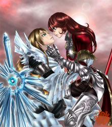 Rule 34 | 1boy, 1girl, armor, blonde hair, eye contact, green eyes, hildegard von krone, huge weapon, knight, long hair, looking at another, mole, namco, red eyes, red hair, scar, siegfried schtauffen, soul calibur, soul calibur (weapon), soulcalibur, soulcalibur iv, sword, weapon, xuexue yue hua