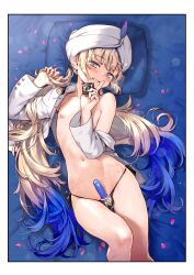 Rule 34 | 1boy, absurdres, androgynous, black panties, blonde hair, blue eyes, blue hair, border, captain nemo (fate), condom, condom on penis, erection, fate/grand order, fate (series), finger to mouth, gradient hair, grin, groin, head tilt, highres, holding, holding condom, jairou, leaning to the side, long hair, lying, male focus, multicolored hair, naughty face, navel, nemo (fate), nipples, on back, on bed, panties, penis, petals, shushing, side-tie panties, smile, solo, sweat, thigh gap, trap, turban, twintails, underwear, very long hair, white border, white headwear