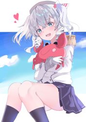 Rule 34 | 1girl, absurdres, beret, black socks, blue skirt, blue sky, calin, cloud, commission, commissioner upload, drill hair, epaulettes, frilled sleeves, frills, gloves, green eyes, grey hair, hat, heart, highres, holding, holding stuffed toy, jacket, kantai collection, kashima (kancolle), kneehighs, knees, long sleeves, military, military jacket, military uniform, non-web source, open mouth, sitting, skeb commission, skirt, sky, socks, solo, stuffed animal, stuffed crab, stuffed toy, teeth, thighs, twin drills, twintails, uniform, upper teeth only, white gloves, white jacket