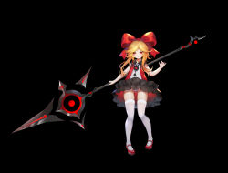 Rule 34 | 1girl, absurdres, black background, blonde hair, blush, bow, dress, frilled dress, frills, hair between eyes, hair bow, highres, holding, holding polearm, holding spear, holding weapon, long hair, open mouth, original, oversized clothes, panties, polearm, red bow, red eyes, red footwear, shio (shiofeifei), simple background, solo, spear, striped clothes, striped panties, thighhighs, underwear, weapon, white thighhighs