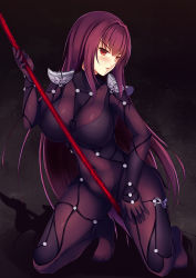 Rule 34 | 1girl, armor, bodysuit, breasts, euforia, fate/grand order, fate (series), full body, gae bolg (fate), huge breasts, kneeling, long hair, looking at viewer, open mouth, pauldrons, polearm, purple bodysuit, purple hair, red eyes, scathach (fate), scathach (fate), shoulder armor, solo, spear, weapon