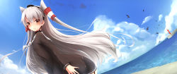 Rule 34 | 10s, 1girl, amatsukaze (kancolle), ass, bird, brown eyes, cloud, day, dress, highres, kantai collection, long hair, looking back, mitsukii, ocean, personification, sailor dress, school uniform, serafuku, short dress, silver hair, sky, smile, solo, thighhighs, twintails, two side up
