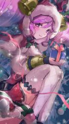 Rule 34 | 1girl, bell, box, capelet, cleo (dragalia lost), closed mouth, dragalia lost, dress, gift, gift box, hair bell, hair between eyes, hair ornament, highres, holding, holding gift, hood, hood up, long hair, long sleeves, looking at viewer, official alternate costume, pink eyes, pink hair, runrunoh, sitting, smile, solo, thighhighs, twintails, twitter username, white thighhighs