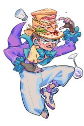 Rule 34 | 1boy, alternate costume, aqua eyes, arm up, black hair, bread, bulzizzang, cheese, cup, drinking glass, facial hair, fingerless gloves, food, food on head, full body, gloves, hat, highres, jacket, jojo no kimyou na bouken, leaf, long sleeves, male focus, meat, mustache, nail polish, object on head, pants, phantom blood, purple jacket, purple nails, salt shaker, sandwich, shirt, shoes, short hair, simple background, solo, white background, white pants, will anthonio zeppeli, wine glass, yellow shirt