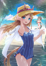 Rule 34 | 2girls, animal ears, beach, bikini, blue eyes, blue one-piece swimsuit, blush, breasts, brown hair, casual one-piece swimsuit, cloud, covered navel, ears through headwear, el condor pasa (umamusume), grass wonder (umamusume), hand on headwear, hat, highres, horizon, horse ears, horse girl, horse tail, long hair, looking at viewer, multiple girls, nabe puyo, ocean, one-piece swimsuit, open mouth, outdoors, red bikini, sand, shirt, shirt on shoulders, small breasts, smile, solo focus, standing, straw hat, swimsuit, tail, umamusume, white shirt, wind