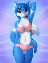 Rule 34 | 1girl, animal ears, animal nose, bare legs, bare shoulders, blue background, blue fur, blue hair, body fur, breasts, fox ears, fox girl, fox tail, furry, furry female, highres, krystal, large breasts, lingerie, looking at viewer, navel, nintendo, rysonanthrodog, short hair, solo, star fox, stomach, tail, two-tone fur, underwear, white fur