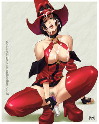 Rule 34 | 1girl, arc system works, arm support, azasuke, bare shoulders, black hair, boots, breasts, censored, choker, cleavage, cum, cum on body, cum on breasts, cum on clothes, cum on hair, cum on upper body, cumdrip, dildo, facial, female masturbation, female pubic hair, fingerless gloves, gloves, green eyes, guilty gear, hat, highres, i-no, masturbation, mole, no panties, open mouth, pubic hair, sex toy, short hair, solo, spread legs, squatting, sweat, thigh boots, thighhighs, vibrator, witch hat